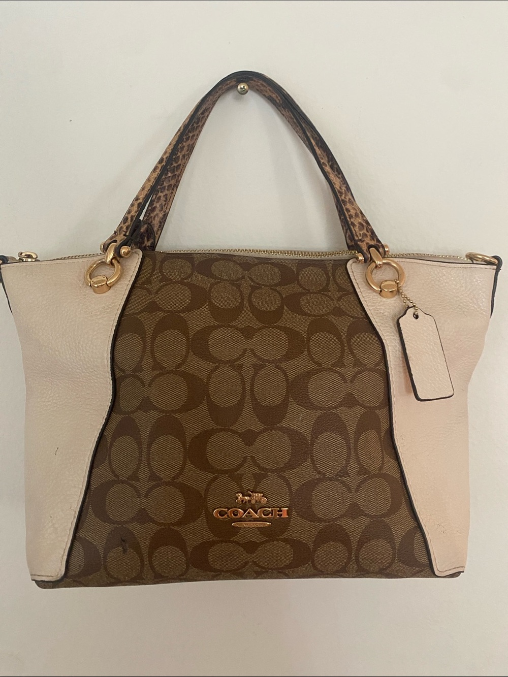 Coach Brown Signature Canvas Tote with Cream Leather Panels special edition